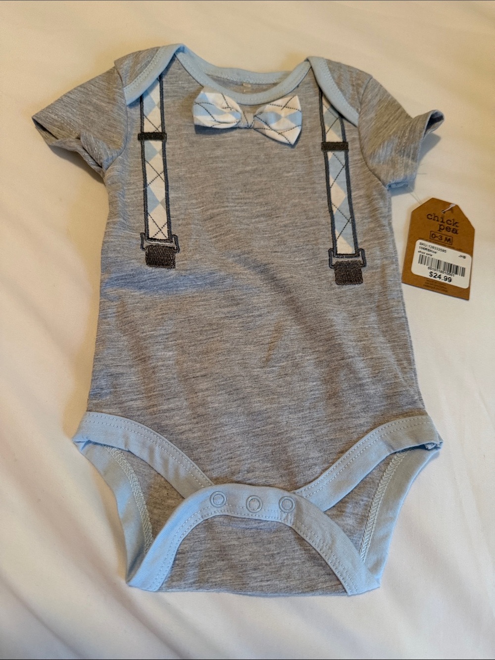 chick pea Grey & Light Blue Bow-Tie Suspender Baby Bodysuit